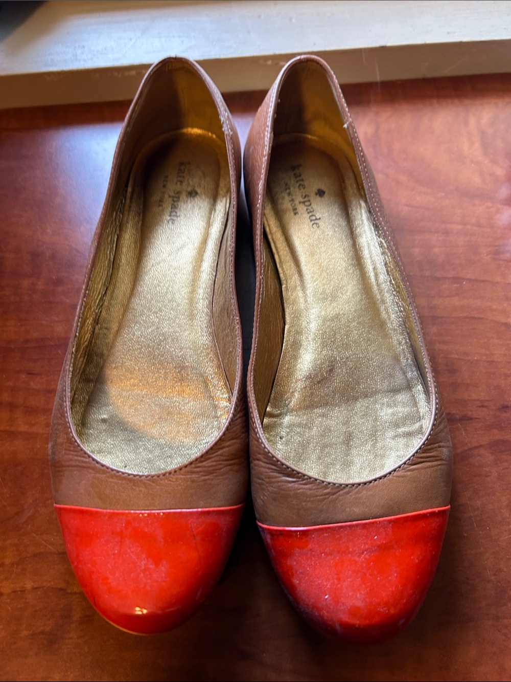 kate spade Brown Leather Flats with Red Patent Cap Toe